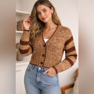 All in Favor Rust Multi Knit Cardigan Cropped Striped Sleeves Small Retro